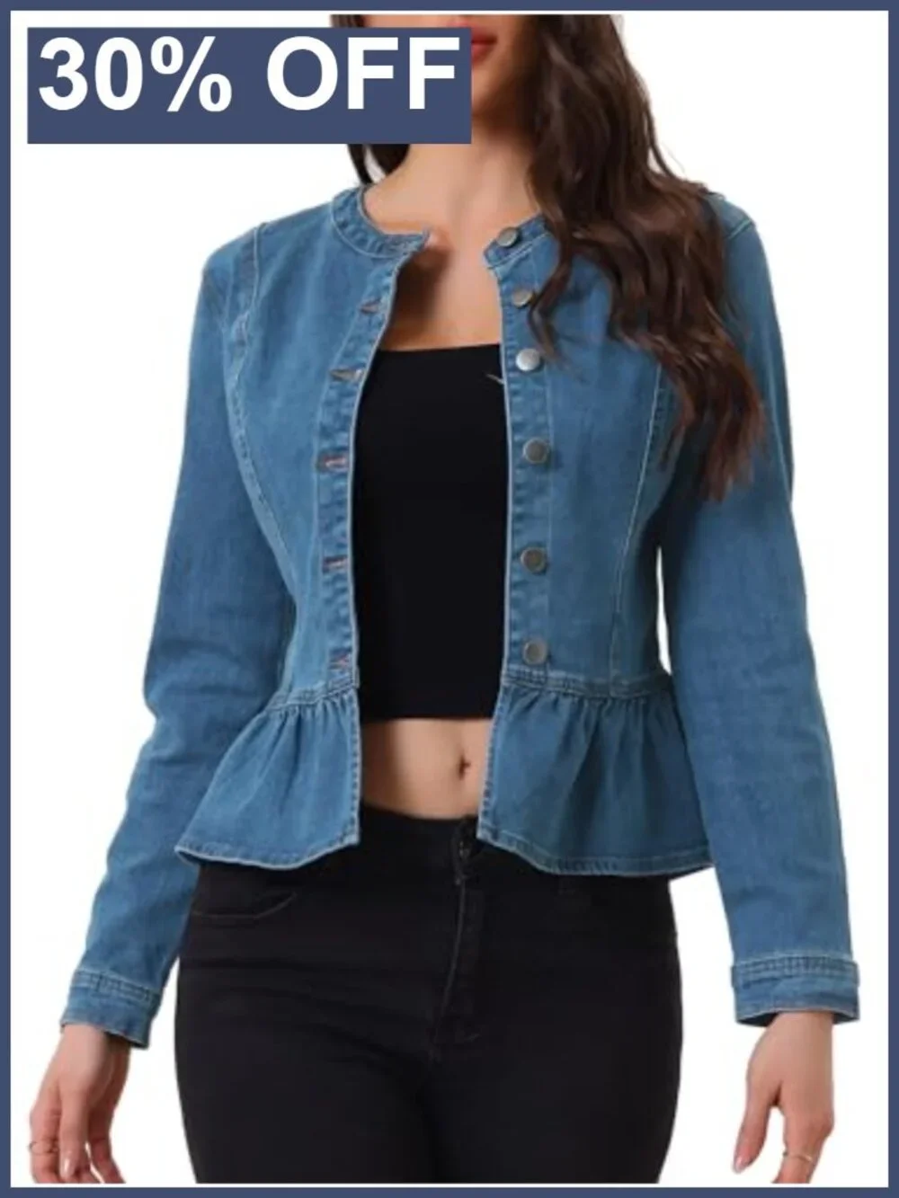 Women's Peplum Denim Jacket Collarless Ruffle Hem Puff Sleeve